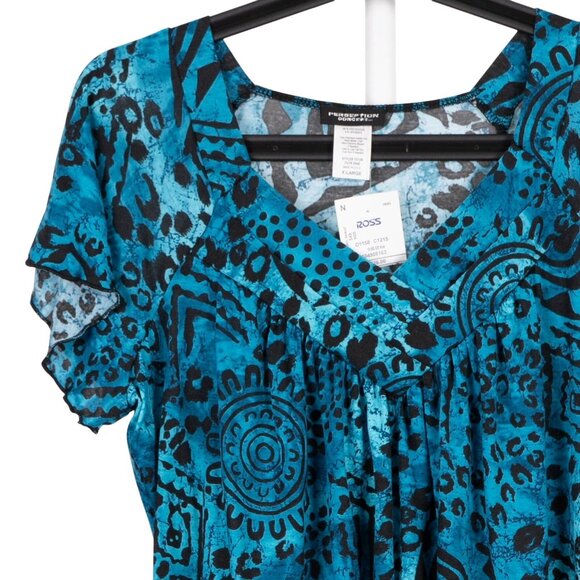 Perceptions Concept Blouse XL Womens NEW Blue Black Abstract Print Short Sleeve - Picture 2 of 5